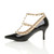 Left side view of Black Patent Mid High Heel T-Bar Studded Pointed Court Shoes