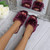 Model wearing Burgundy Fur Flat Peep Toe Faux Fur Mules Slippers Model wearing Burgundy Fur Flat Peep Toe Faux Fur Mules Slippers