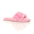Front right side view of Pink Fur Flat Peep Toe Faux Fur Mules Slippers Front right side view of Pink Fur Flat Peep Toe Faux Fur Mules Slippers