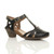 Front right side view of Black PU Mid Heel Cut Out Brogue Shoes T-Bar Comfort Sandals