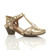 Front right side view of Gold PU Mid Heel Cut Out Brogue Shoes T-Bar Comfort Sandals