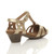 Back right side view of Gold PU Mid Heel Cut Out Brogue Shoes T-Bar Comfort Sandals