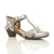 Front right side view of Silver PU Mid Heel Cut Out Brogue Shoes T-Bar Comfort Sandals