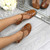 Model wearing Tan PU Mid Heel Cut Out Brogue Shoes T-Bar Comfort Sandals