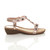 Right side view of Rose Gold PU Low Mid Wedge Heel T-Bar Flower Diamante Sandals
