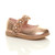 Front right side view of Rose Gold PU Infants Flat Mary Jane Pearl Strap Flower Party Shoes