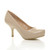 Front right side view of Nude Patent Mid Heel Concealed Platform Court Shoes Front right side view of Nude Patent Mid Heel Concealed Platform Court Shoes