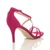 Back right side view of Fuchsia Pink Suede Mid Heel Strappy Crossover Sandals