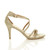 Right side view of Gold Mesh Glitter Mid Heel Strappy Crossover Sandals