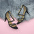 Black Mesh Glitter Mid Heel Strappy Crossover Sandals