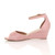 Left side view of Pale Pink Suede Low Mid Wedge Heel Ankle Strap Sandals
