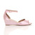 Right side view of Pink Satin Low Mid Wedge Heel Ankle Strap Sandals