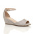 Front right side view of Grey Suede Low Mid Wedge Heel Ankle Strap Sandals