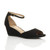Front right side view of Black Suede Low Mid Wedge Heel Ankle Strap Sandals