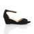 Right side view of Black Suede Low Mid Wedge Heel Ankle Strap Sandals