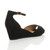 Back right side view of Black Suede Low Mid Wedge Heel Ankle Strap Sandals