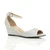 Front right side view of Silver Glitter Low Mid Wedge Heel Ankle Strap Sandals