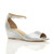 Front right side view of Silver Satin Low Mid Wedge Heel Ankle Strap Sandals
