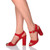 Model wearing Red Suede High Block Heel Sandals