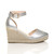 Right side view of Silver PU Mid Wedge Heel Buckle Ankle Strap Espadrille Sandals
