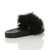 Back right side view of Black Flat Feather Fluffy Flip Flops Sliders Sandals