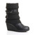 Front right side view of Black PU Mid Heel Wedge Knitted Collar Slouch Ankle Boots