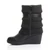 Left side view of Black PU Mid Heel Wedge Knitted Collar Slouch Ankle Boots