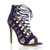 Front right side view of Cobalt Blue Suede High Heel Strappy Lace Up Ghillie Sandals