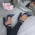Model wearing Navy PU High Block Heel Ankle Strap Pointed Court Shoes