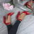 Model wearing Red Patent High Block Heel Ankle Strap Pointed Court Shoes