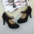 Closeup view of features of Black Suede High Heel Platform Mary Jane Court Shoes