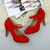 Closeup view of features of Red Suede High Heel Platform Mary Jane Court Shoes