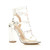 Front right side view of Silver High Block Heel Perspex Barely There Studded T-Bar Strappy Sandals