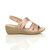 Right side view of Rose Gold PU Mid Wedge Heel Diamante Strappy T-Bar Slingback Comfort Sandals