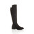 Front right side view of Black Suede Low Heel Stretch Riding Calf Knee Boots