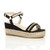 Front right side view of Black PU Mid Wedge Heel Flatform Studded Sandals Platform Espadrilles