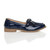 Right side view of Navy Patent Flat Contrast Fringe Tassel Loafers