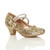 Front right side view of Gold Glitter Mid Heel Mary Jane Diamante Bow Court Shoes