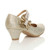 Back right side view of Gold Diamante Glitter Mid Heel Mary Jane Diamante Bow Court Shoes