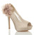 Front right side view of Champagne Satin High Heel Flower Platform Peep Toe Court Shoes