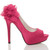 Right side view of Fuchsia Pink Satin High Heel Flower Platform Peep Toe Court Shoes