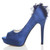 Left side view of Navy Satin High Heel Flower Platform Peep Toe Court Shoes