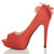 Left side view of Red Satin High Heel Flower Platform Peep Toe Court Shoes