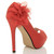 Back right side view of Red Satin High Heel Flower Platform Peep Toe Court Shoes