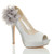 Front right side view of Silver Satin High Heel Flower Platform Peep Toe Court Shoes