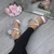 Model wearing Silver Diamante PU Mid Block Heel Cross Strap Party Strappy Sandals