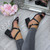 Model wearing Black PU Mid Block Heel Cross Strap Party Strappy Sandals