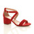 Front right side view of Red Suede Mid Block Heel Cross Strap Party Strappy Sandals