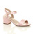 Front right side view of Baby Pink Satin Mid Block Heel Ankle Strap Barely There Sandals Front right side view of Baby Pink Satin Mid Block Heel Ankle Strap Barely There Sandals