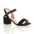 Front right side view of Black Suede Mid Block Heel Ankle Strap Barely There Sandals Front right side view of Black Suede Mid Block Heel Ankle Strap Barely There Sandals